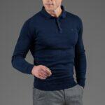 Wolbe navy merino pullover with button-down collar