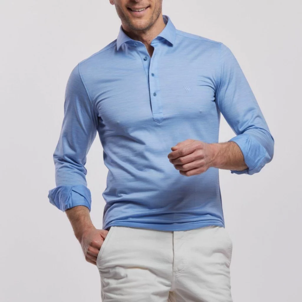 Balthazar Wolbe light blue stretch merino long sleeve polo shirt