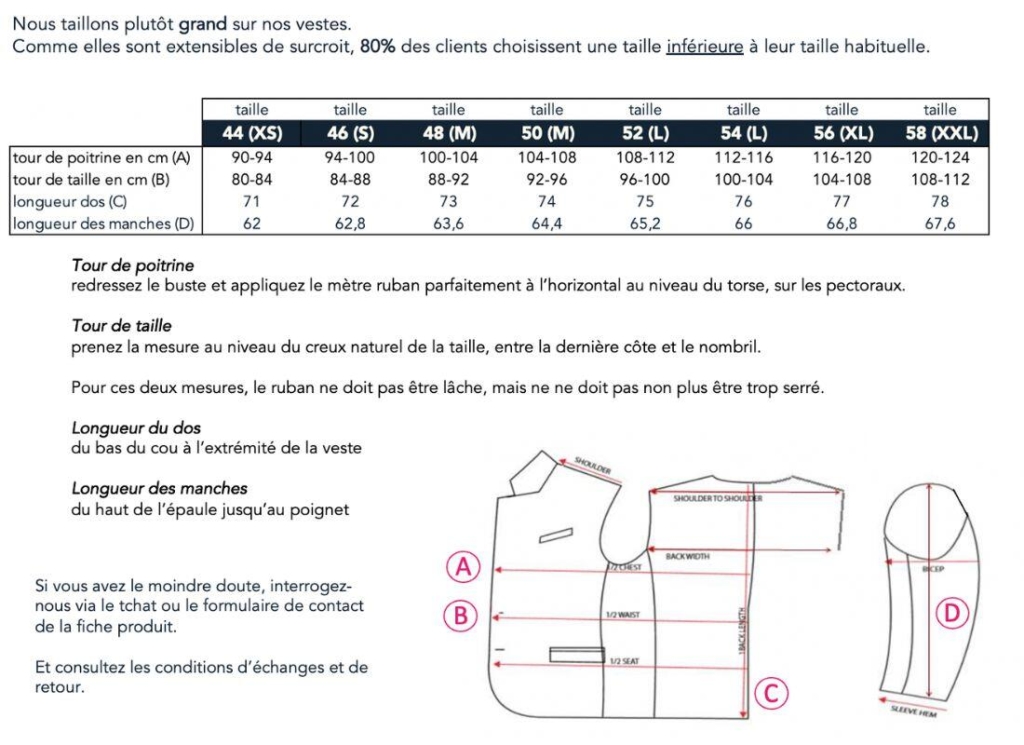 guide des tailles blazer extensible Gianni Wolbe