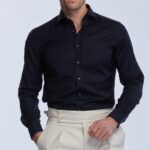 chemise 72h stretch en merinos bleu foncé Wolbe