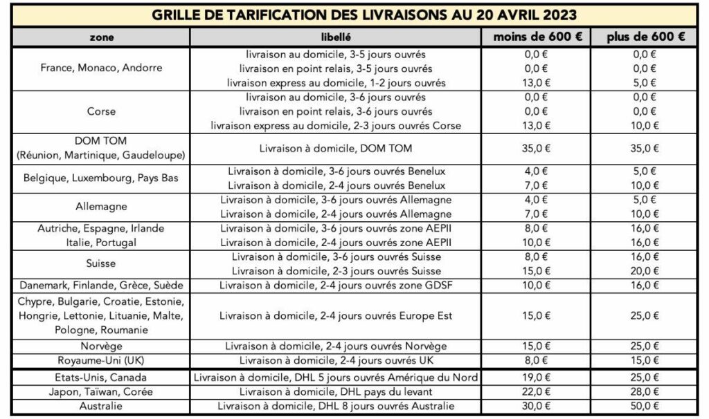 grille de tarification expéditions Wolbe