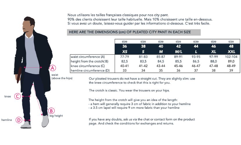 Size guide for pleated trousers