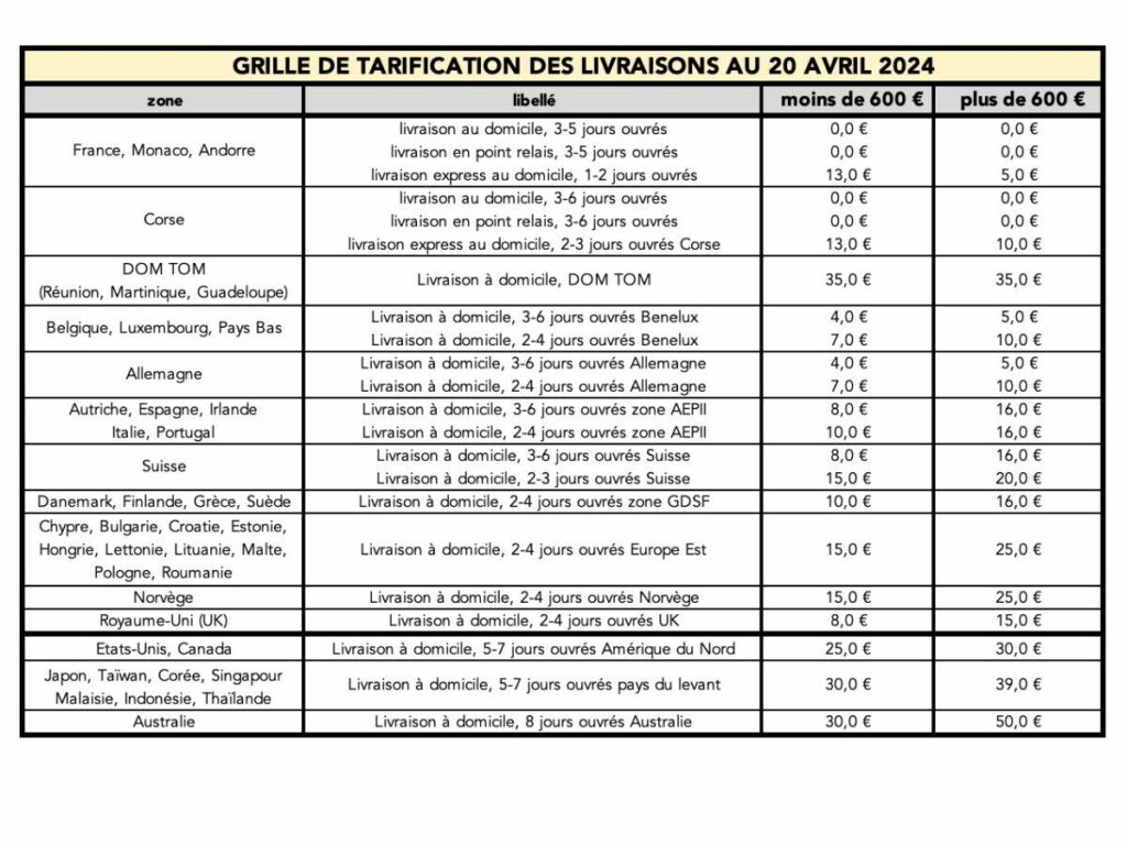 Tarification des livraisons Wolbe au 18 Avril 24 FR